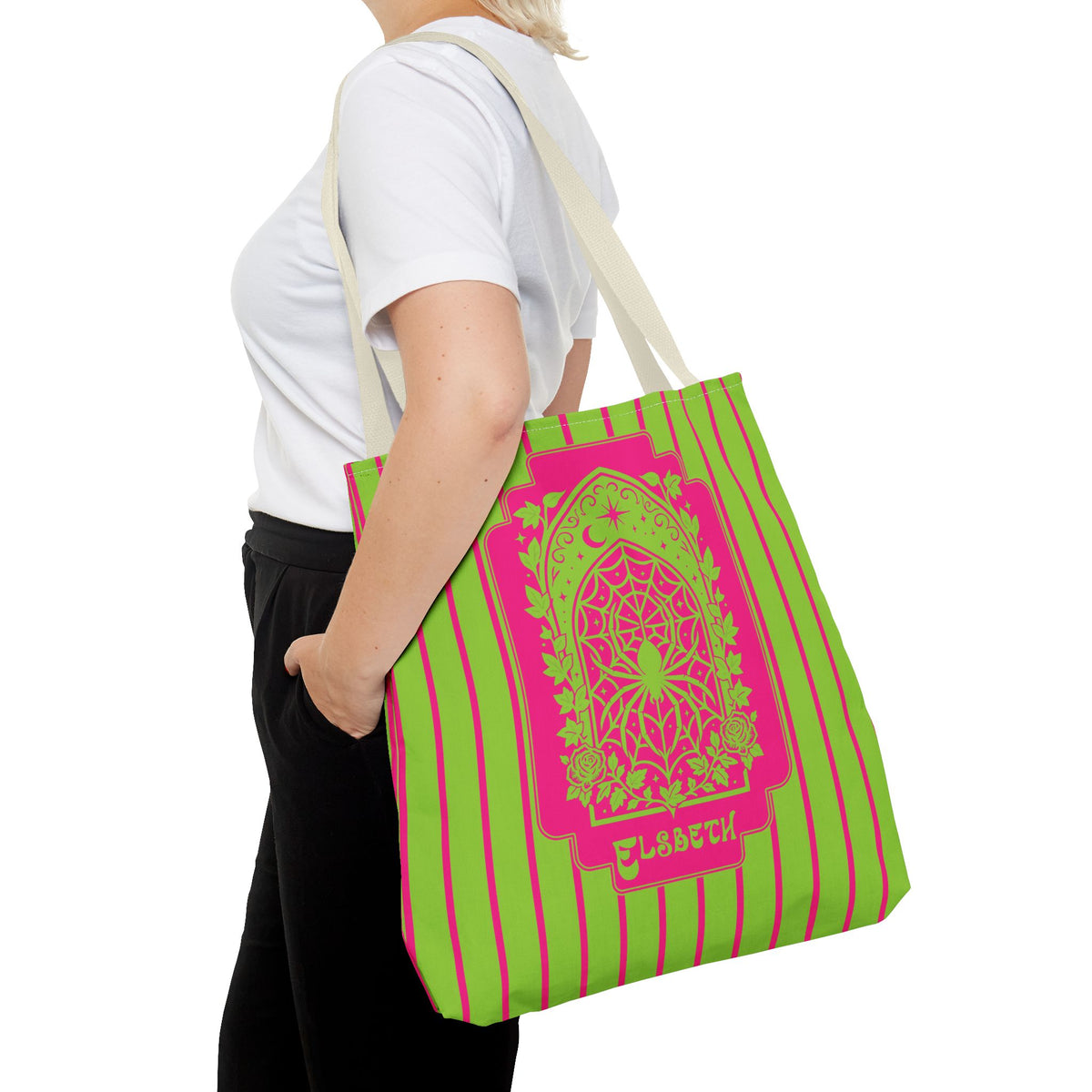 Personalized Green and Pink Retro Goth Tote with Mystic Spider Stained Glass Design