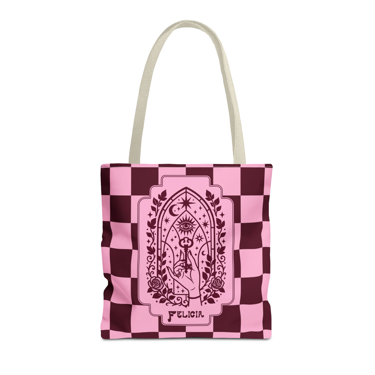 Personalizable Mystic Hand with Key Checkerboard Tote Bag – Pink and Burgundy Retro Goth Carryall