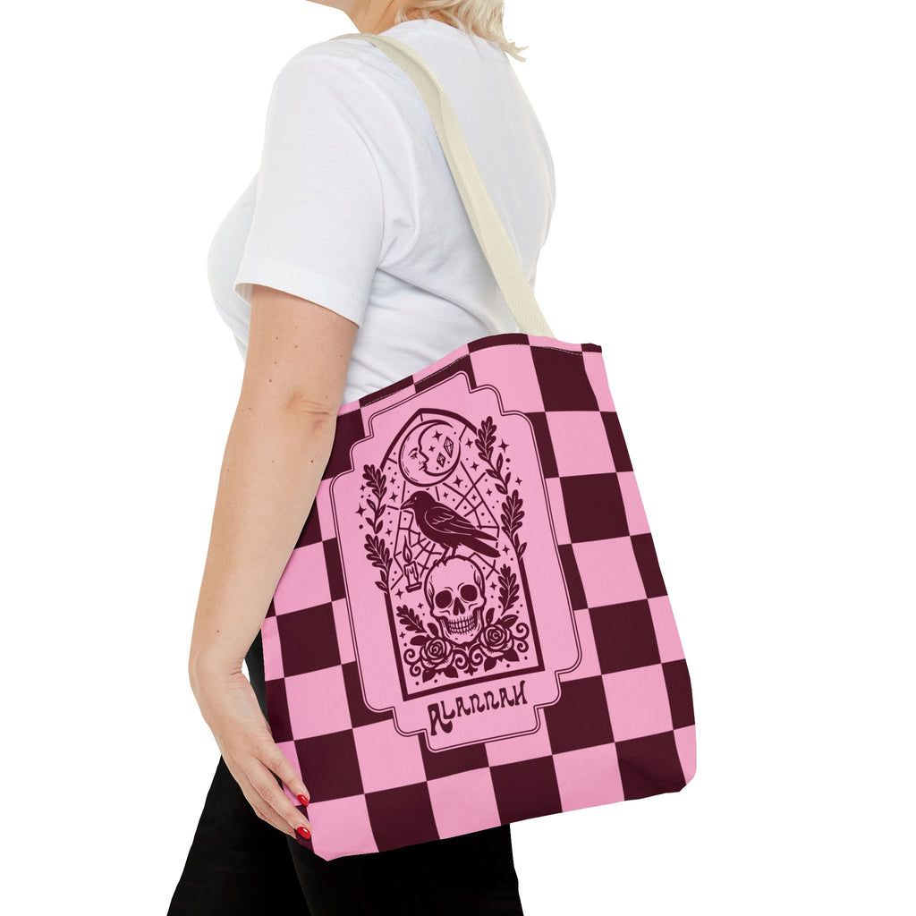 Gothic Raven and Skull Checkerboard Tote Bag - Personalizable Pink Retro Goth Carryall