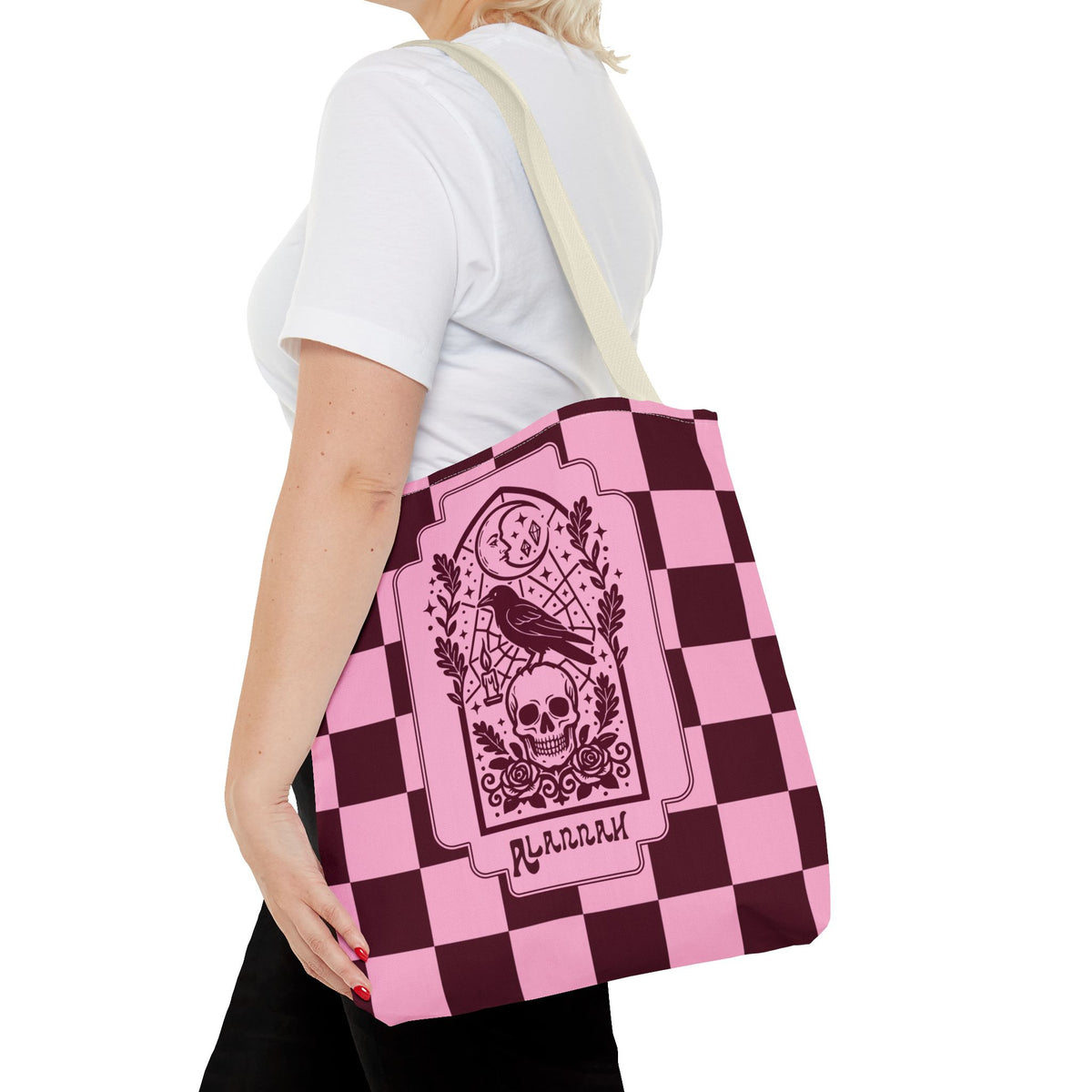 Gothic Raven and Skull Checkerboard Tote Bag - Personalizable Pink Retro Goth Carryall