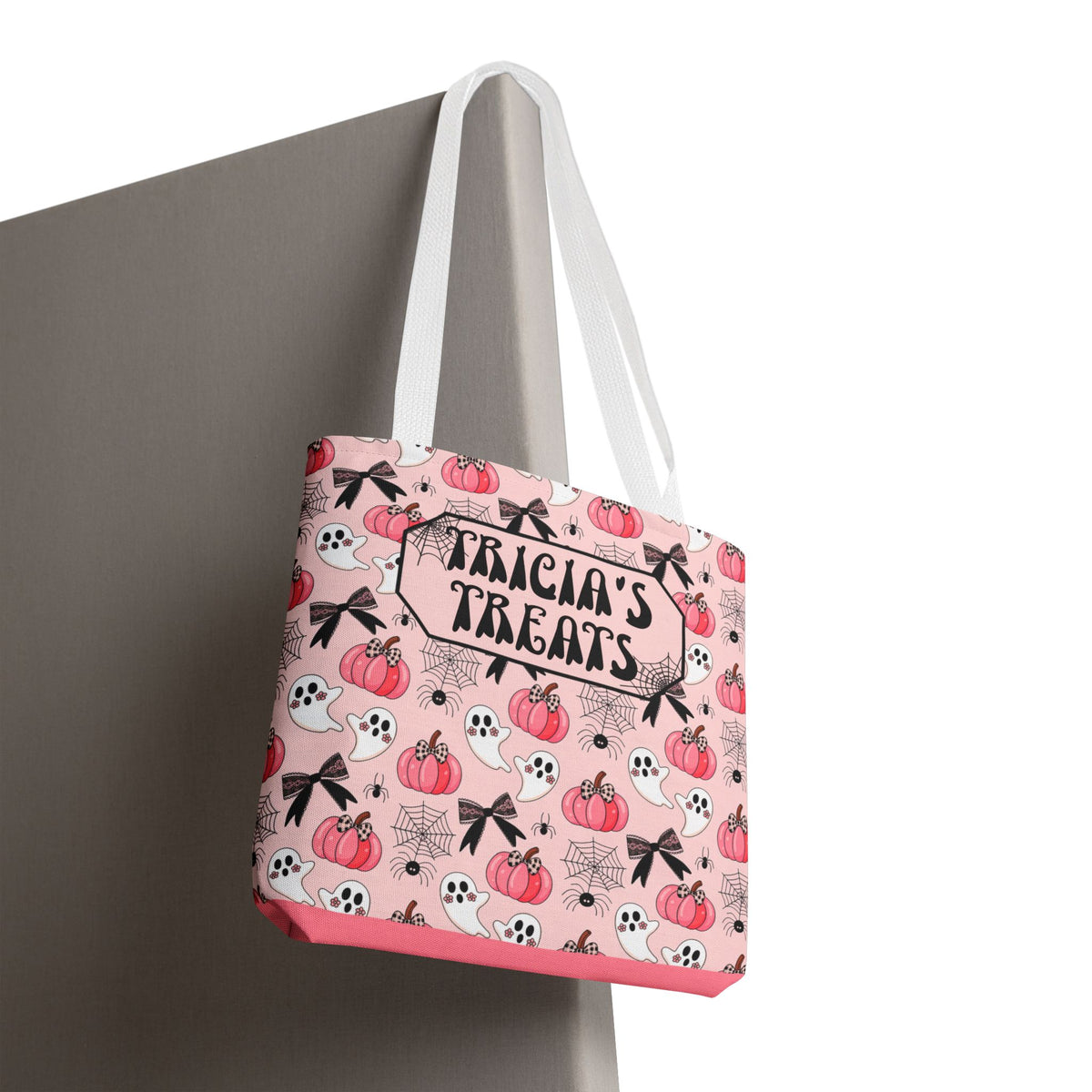 Pink Pumpkin Halloween Tote Bag - Cute Ghosts and Bows Personalizable Trick or Treat Bag