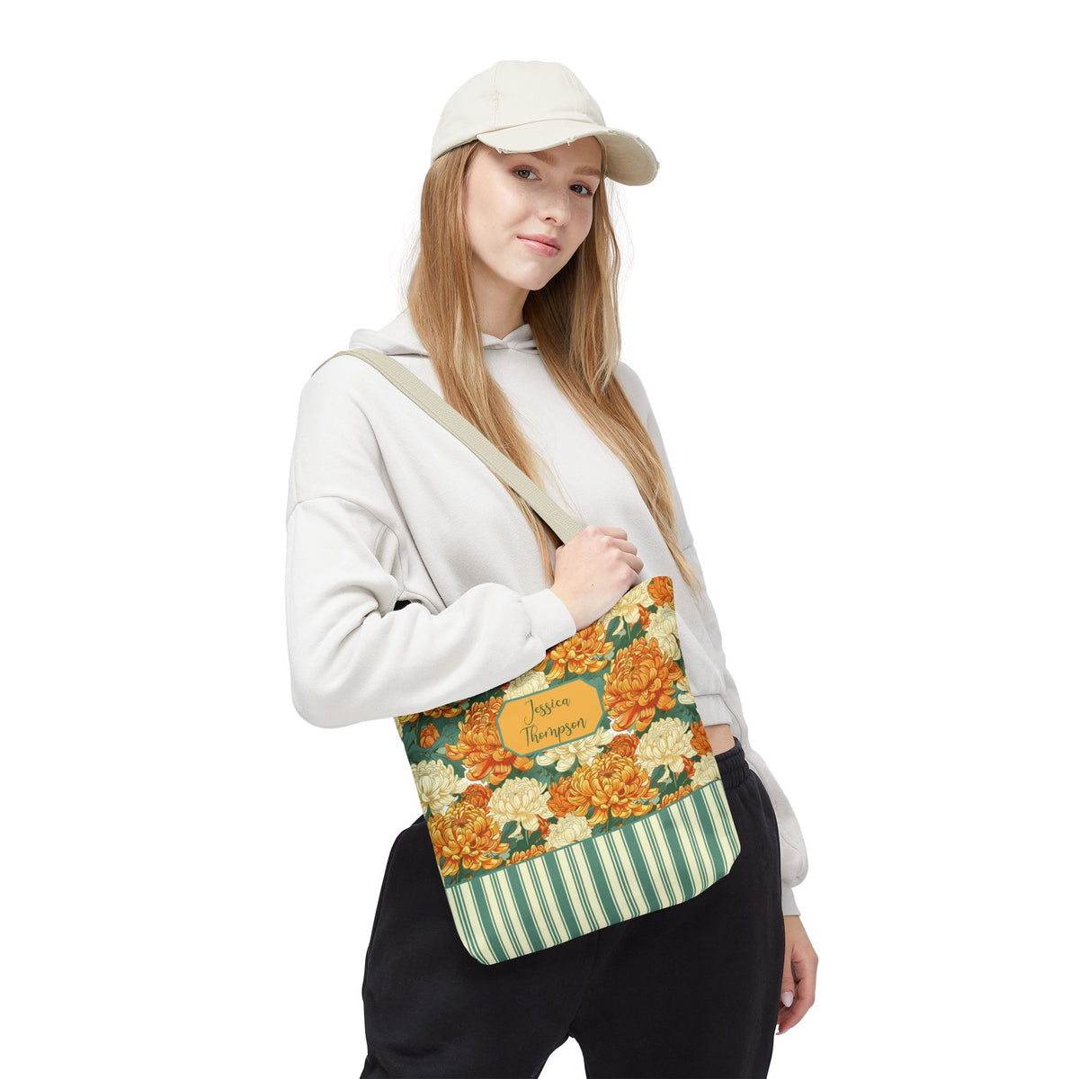 Personalizable Vintage Floral Stripe Tote Bag – Cream and Orange Chrysanthemums Tote