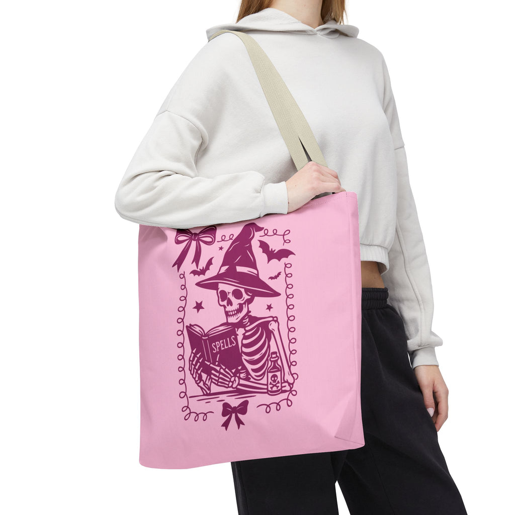 Pink Reading Witch Skeleton Tote Bag — Cute Coquette Frame Halloween Tote