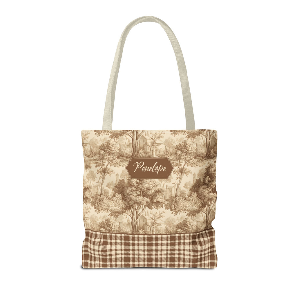 Personalized Market Tote -  Vintage Sepia Toile and Plaid Rustic Country Carryall