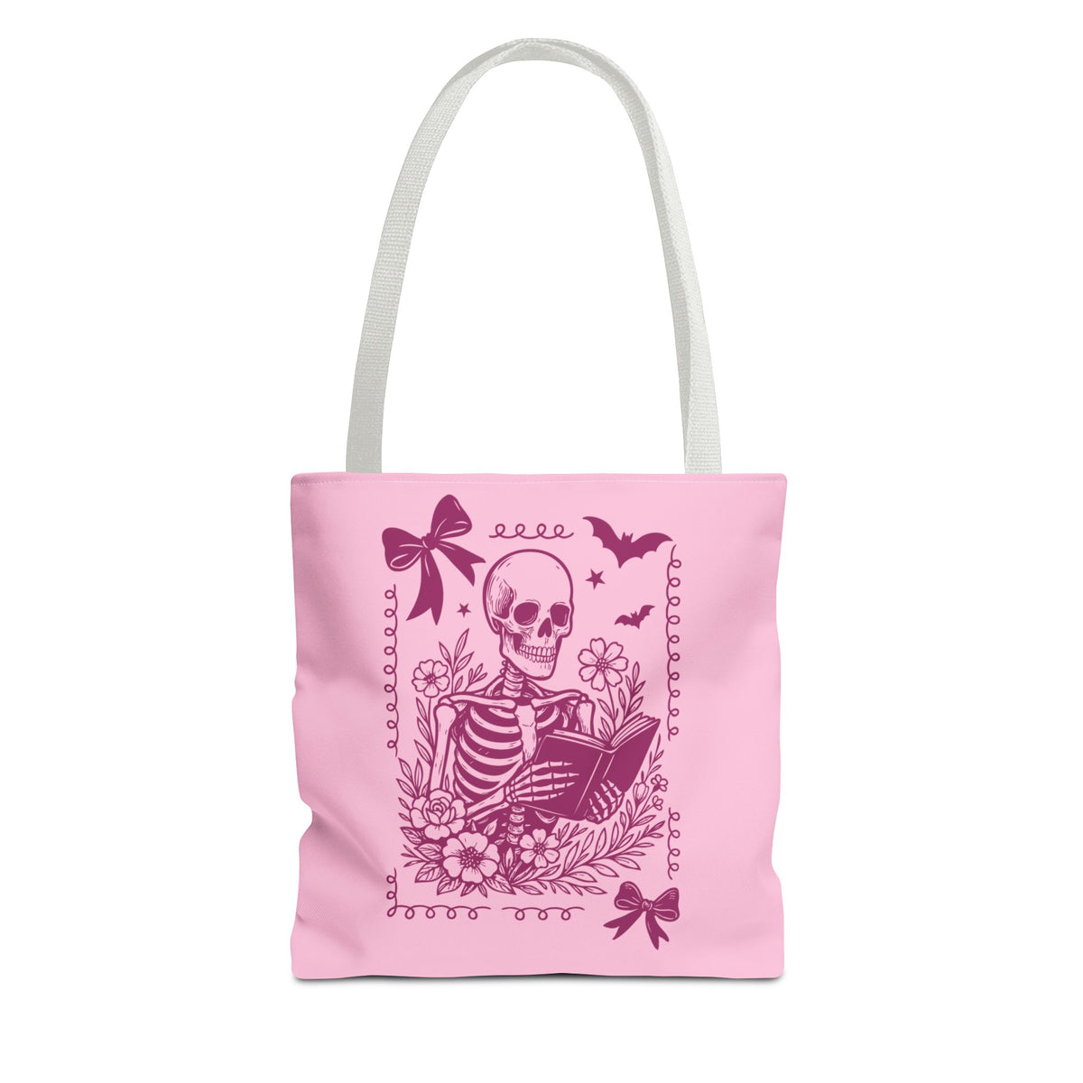 Floral Pink Reading Skeleton Tote Bag  - Cute Gothic Booklover Tote