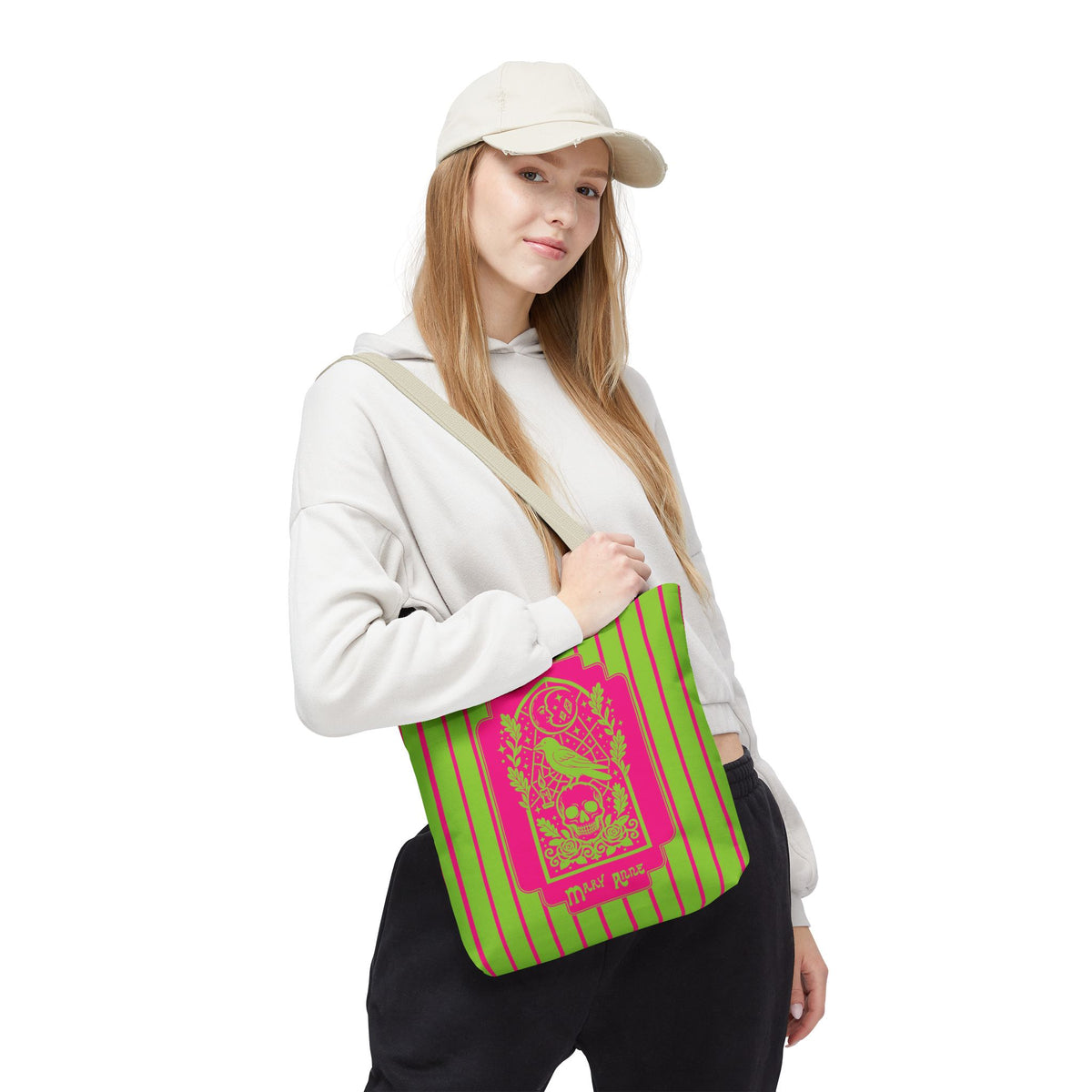 Neon Gothic Raven and Skull Tote Bag - Personalizable Pink and Green Retro Goth Carryall