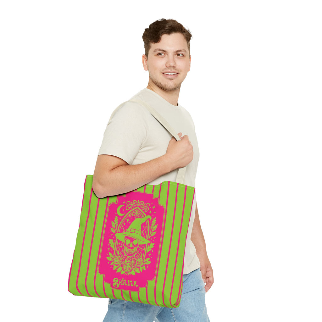 Retro Goth Skull Witch Tote Bag — Neon Pink and Lime Striped Tote
