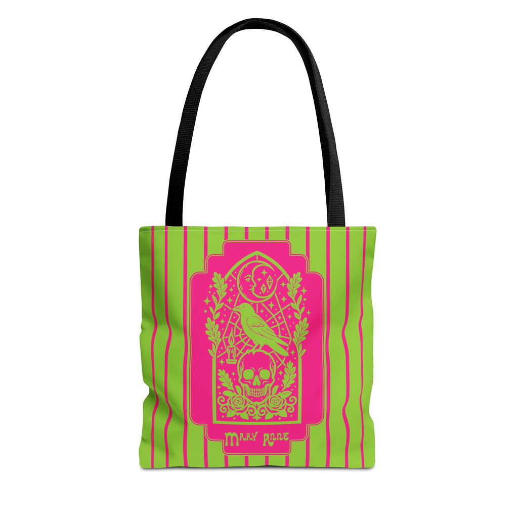Neon Gothic Raven and Skull Tote Bag - Personalizable Pink and Green Retro Goth Carryall