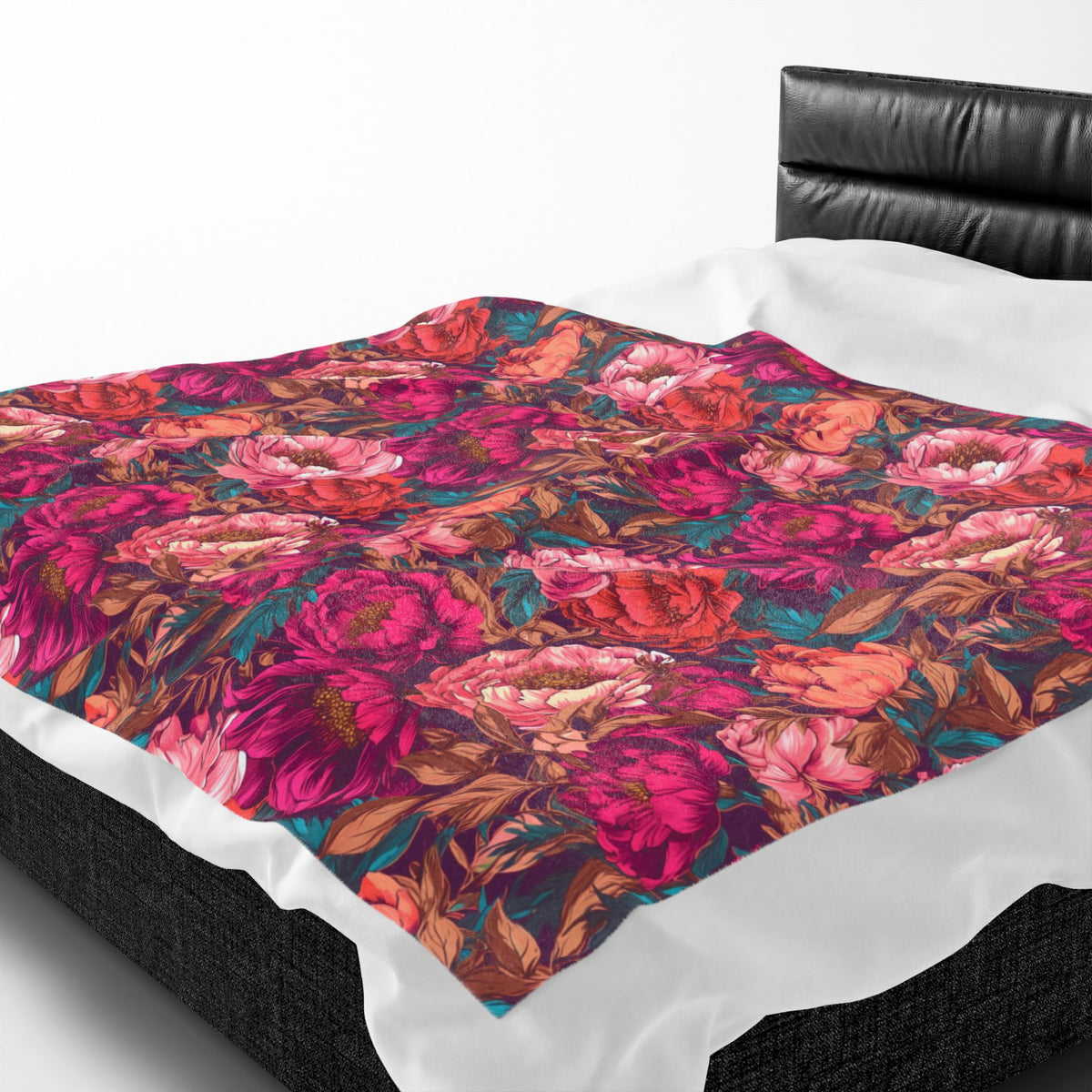 Vivid Magenta Peony Maximalist Velveteen Floral Plush Blanket