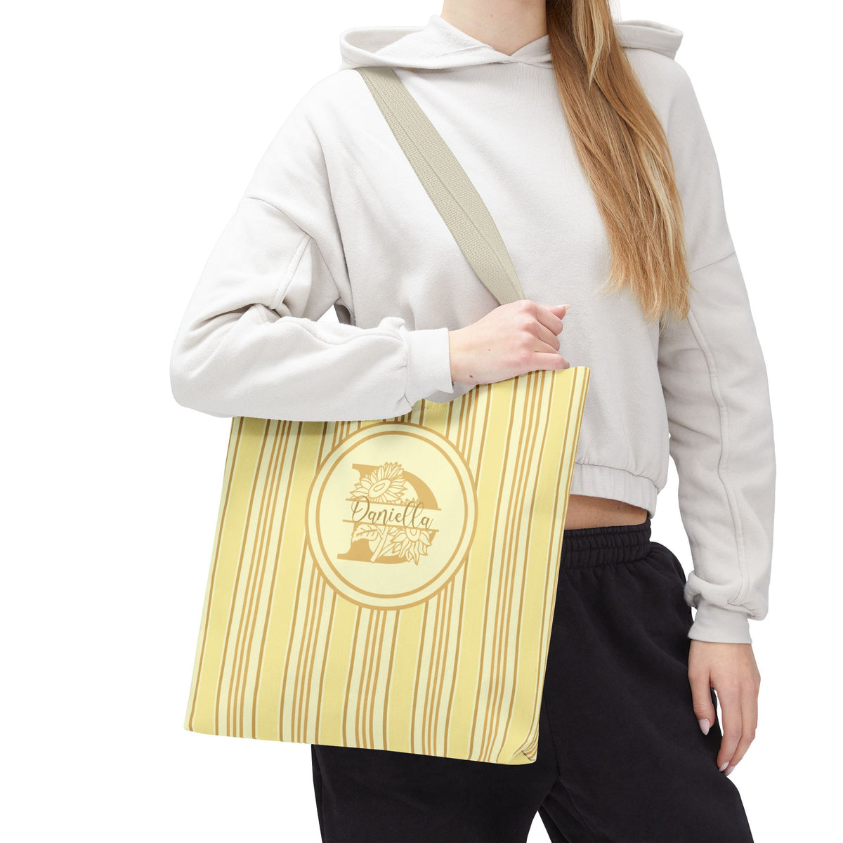 Sunflower Monogram Bag - Yellow Vintage Ticking Striped Carryall