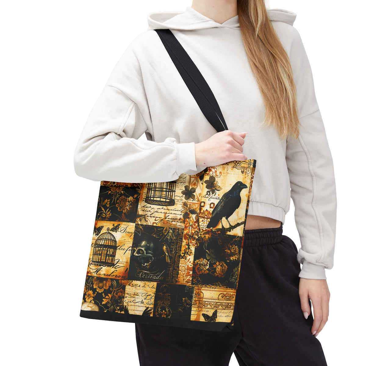Gothic Raven Patchwork Tote Bag – Vintage Sepia and Black Collage Print