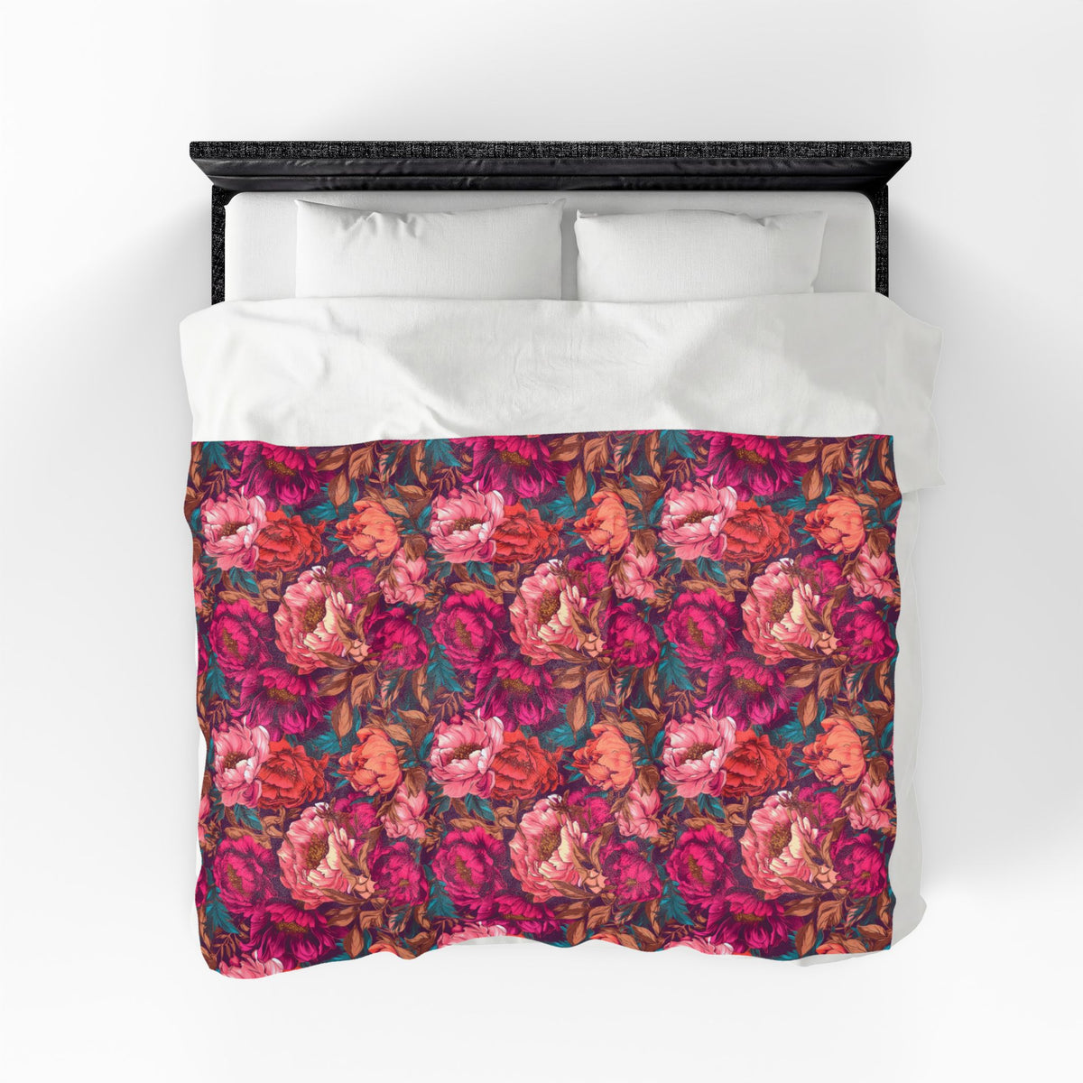 Vivid Magenta Peony Maximalist Velveteen Floral Plush Blanket