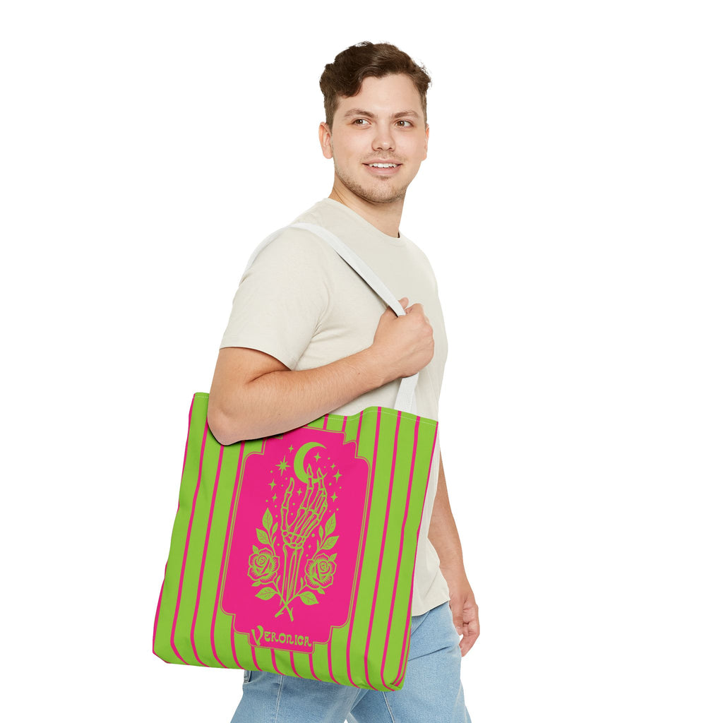 Mystic Skeletal Hand Tote Bag -Personalizable Retro Gothic Neon Moon and Roses Carryall