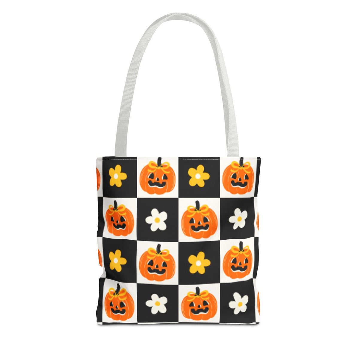 Coquette Pumpkin and Daisy Checkerboard Tote Bag - Cute Jack O Lantern Carryall