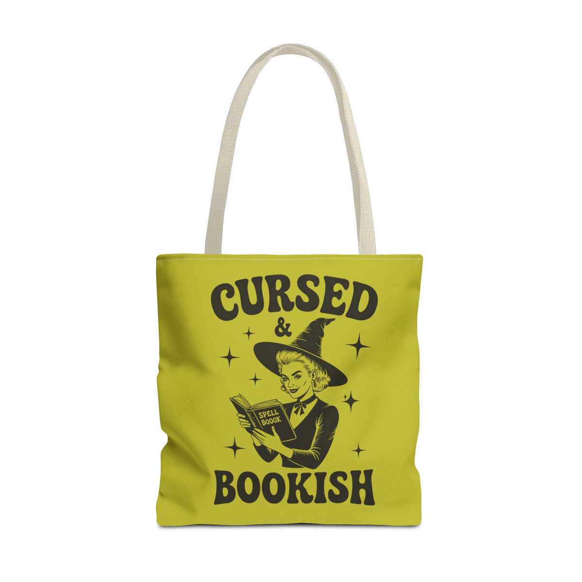Cursed and Bookish Tote Bag — Green Witchy Reader Tote for Book Lovers