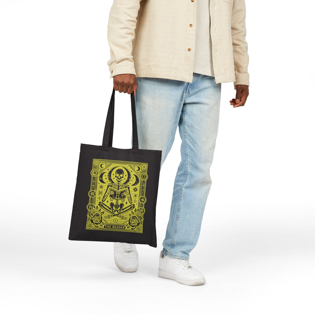 The Reader Skeleton Tarot Design in Green Cotton Canvas Tote