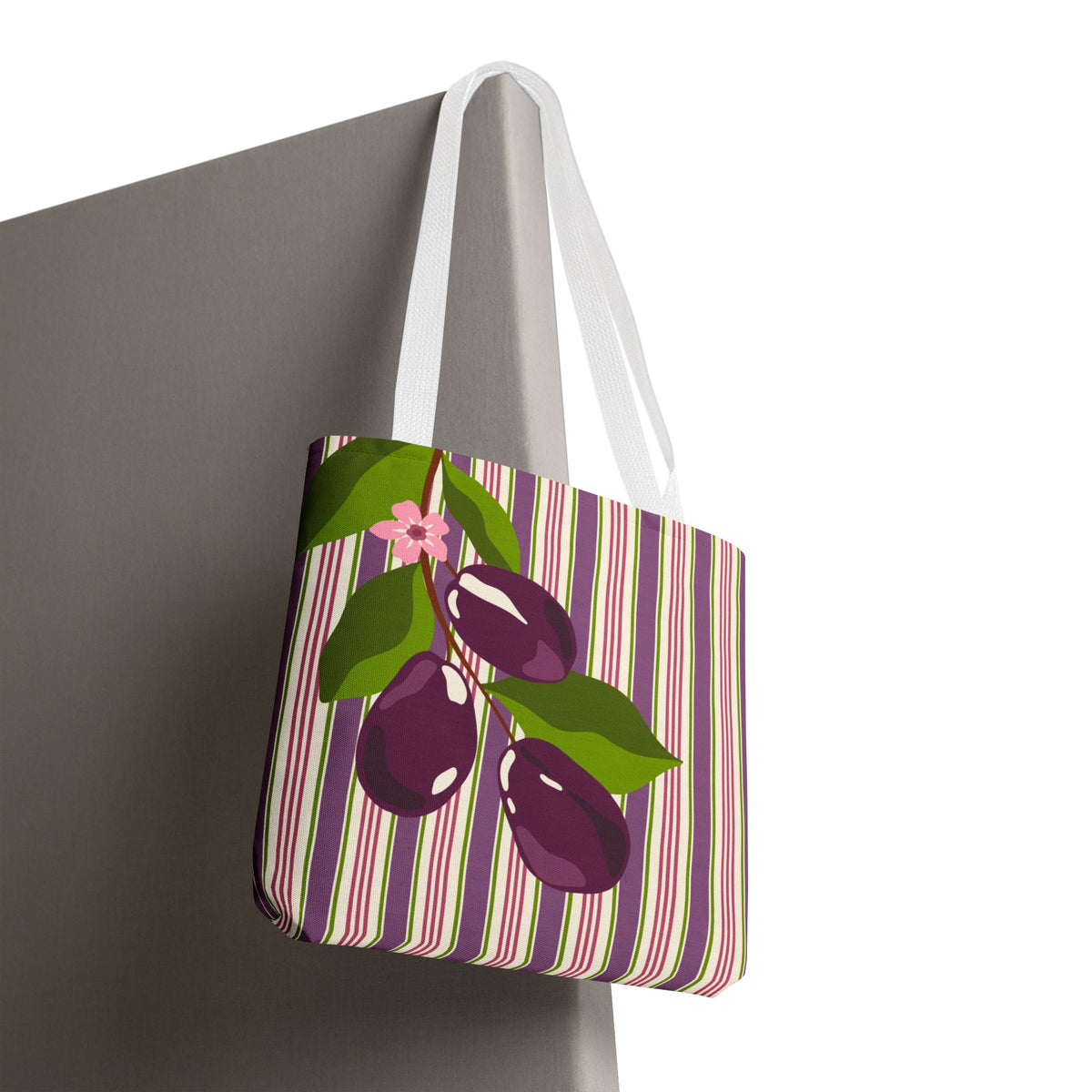 Plum Orchard Striped Tote Bag - Floral Plum Bouquet All-Over Print Tote