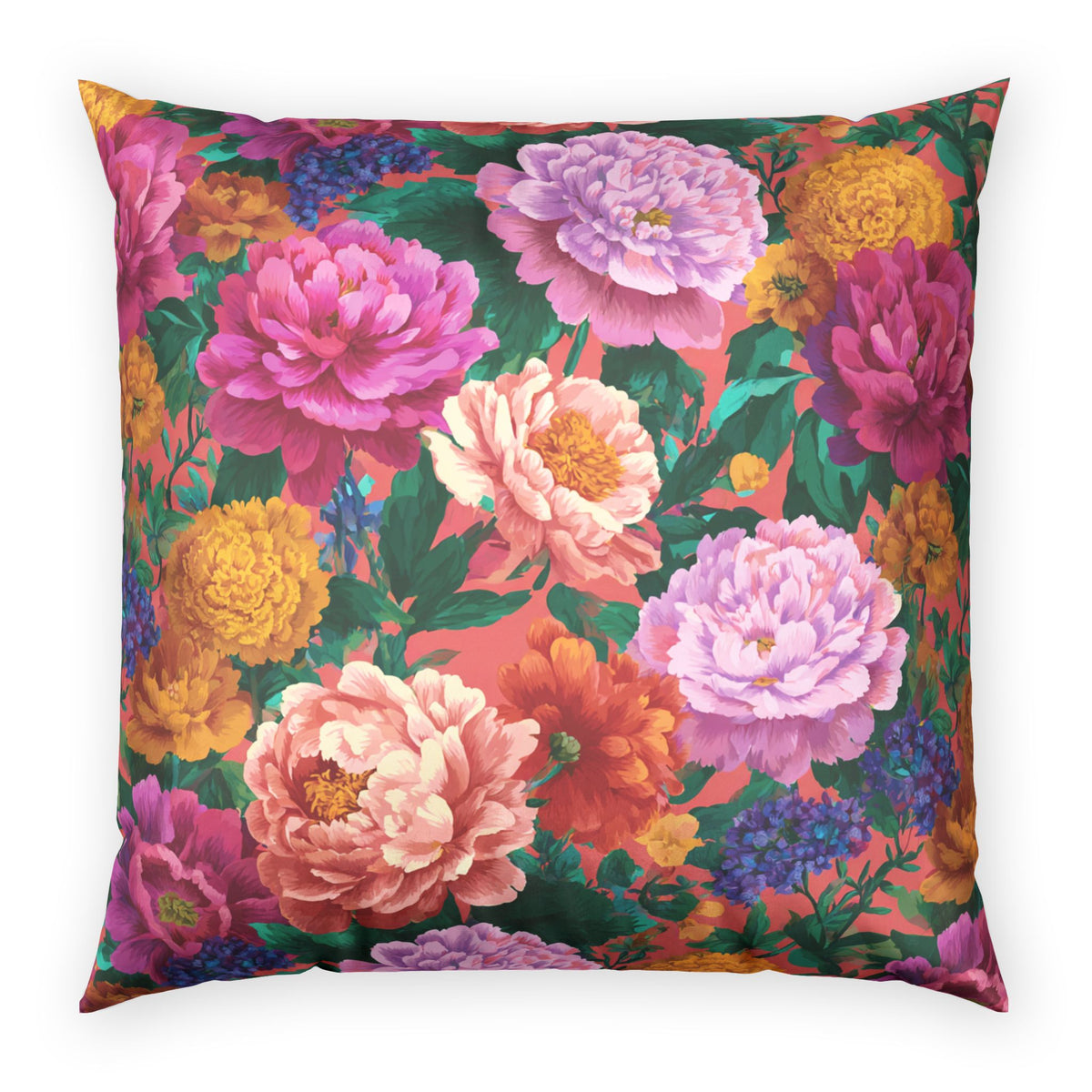 Floral Velvet Pillow - Vibrant Peony Garden Throw Pillow