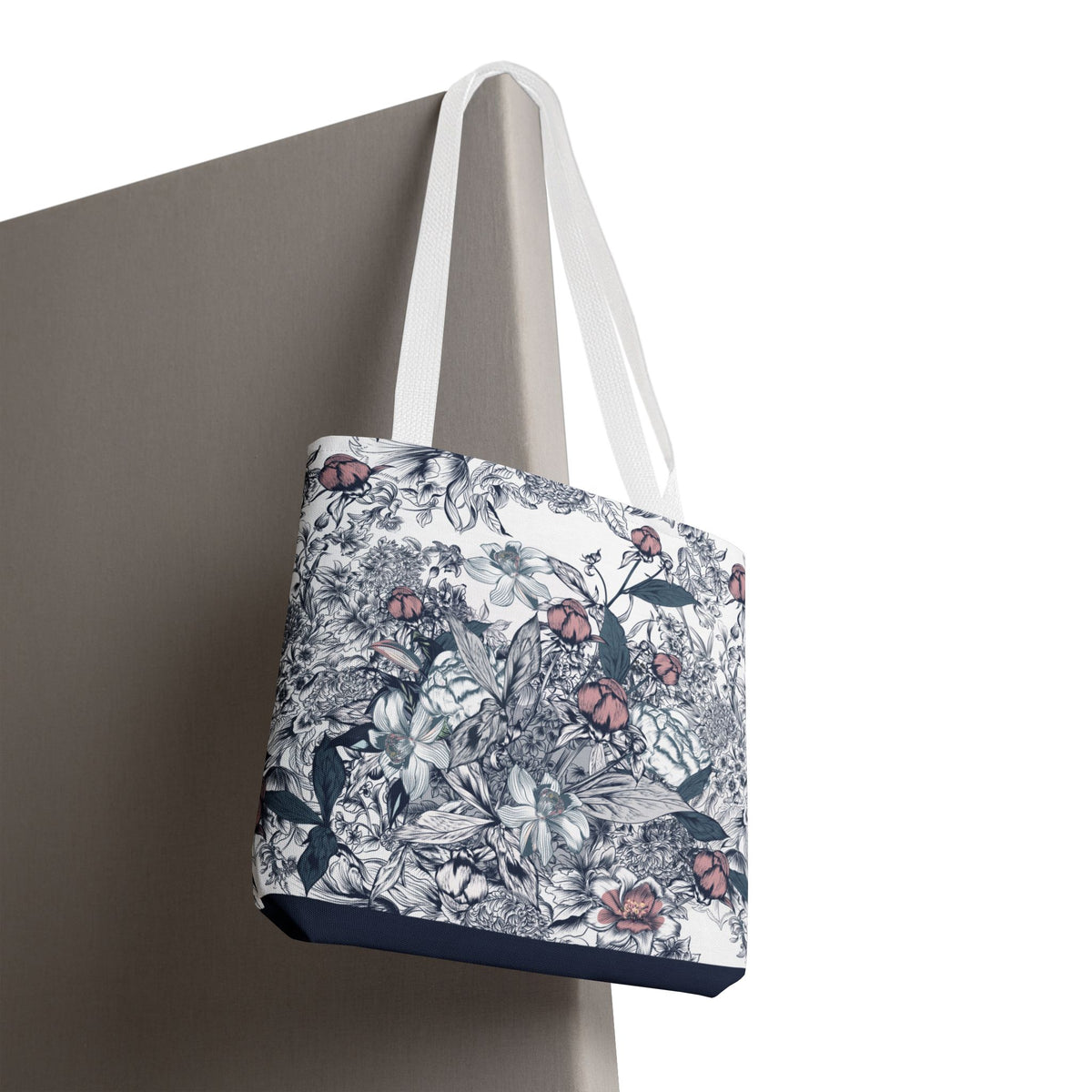 Navy and Pink Floral Sketch Tote Bag - Botanical Market Carryall
