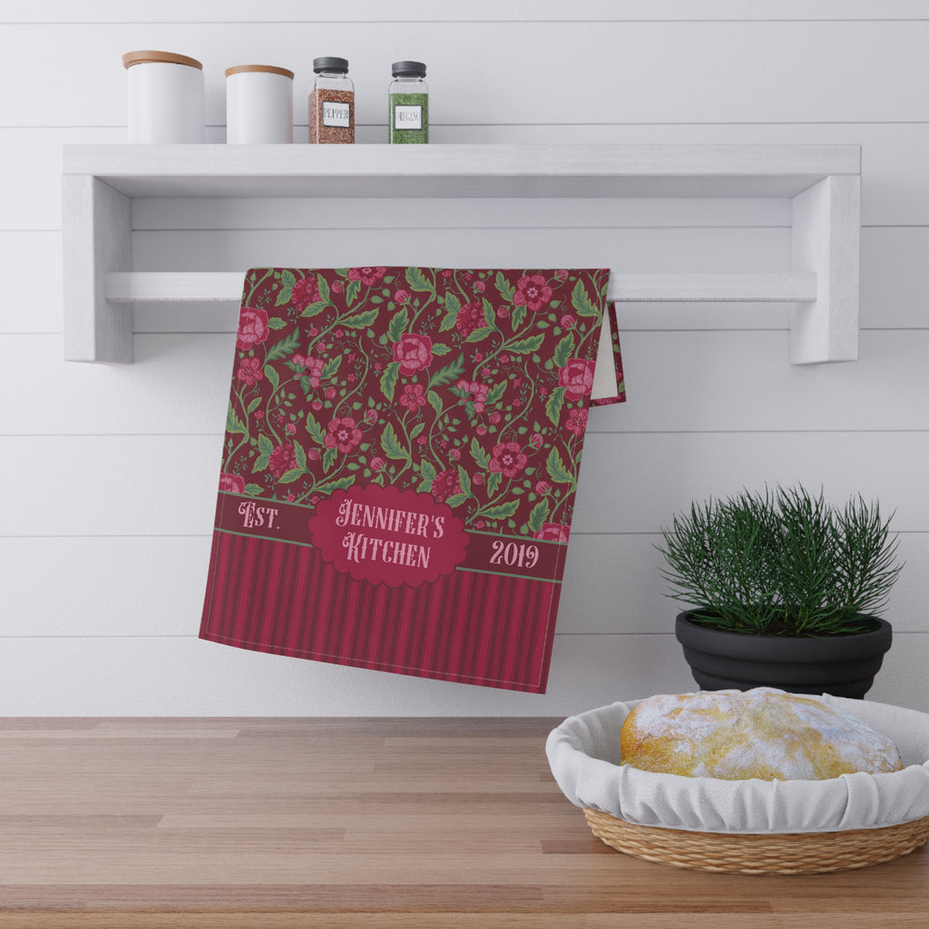 Personalized Vintage Kitchen Towel - Pink and Burgundy Jacobean Floral Striped Tea Towel
