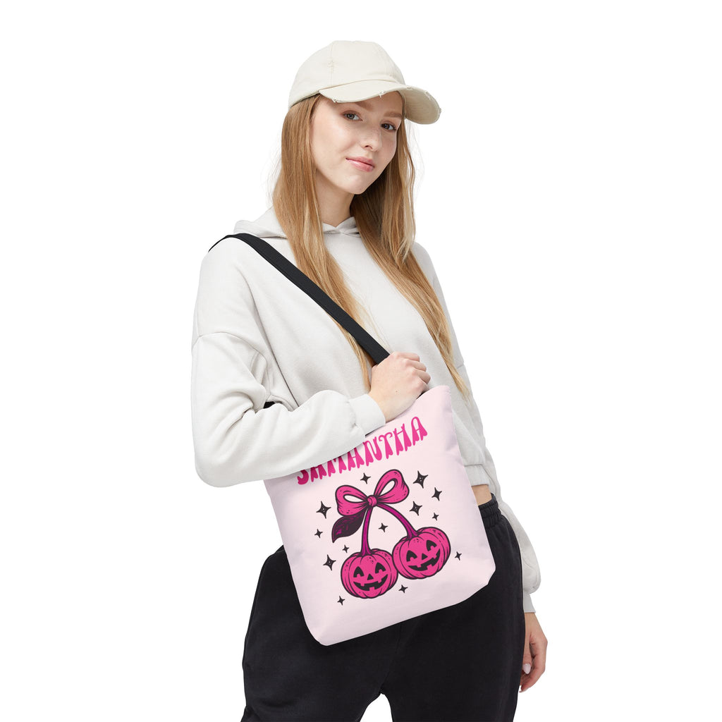 Personalized Halloween Tote - Pink Pumpkin Cherries "So Cute It's Spooky" Trick or Treat Bag
