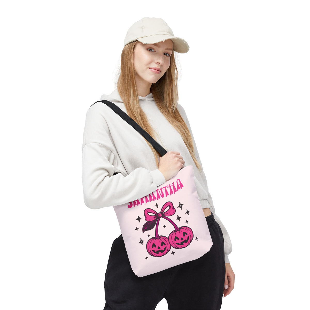 Personalized Halloween Tote - Pink Pumpkin Cherries "So Cute It's Spooky" Trick or Treat Bag
