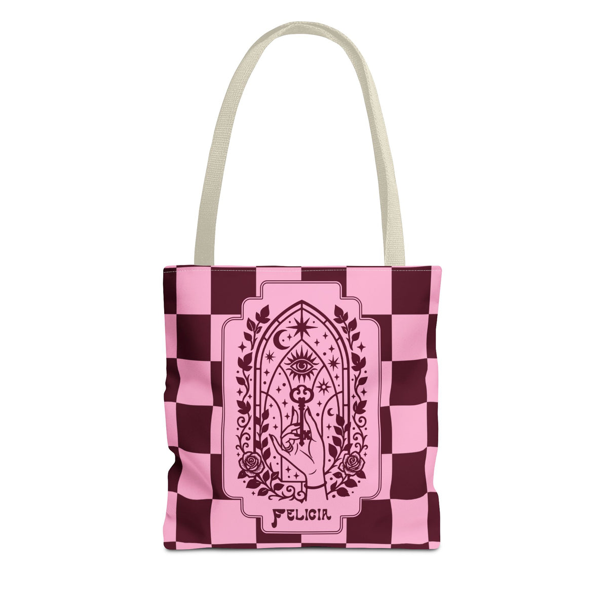 Personalizable Mystic Hand with Key Checkerboard Tote Bag – Pink and Burgundy Retro Goth Carryall