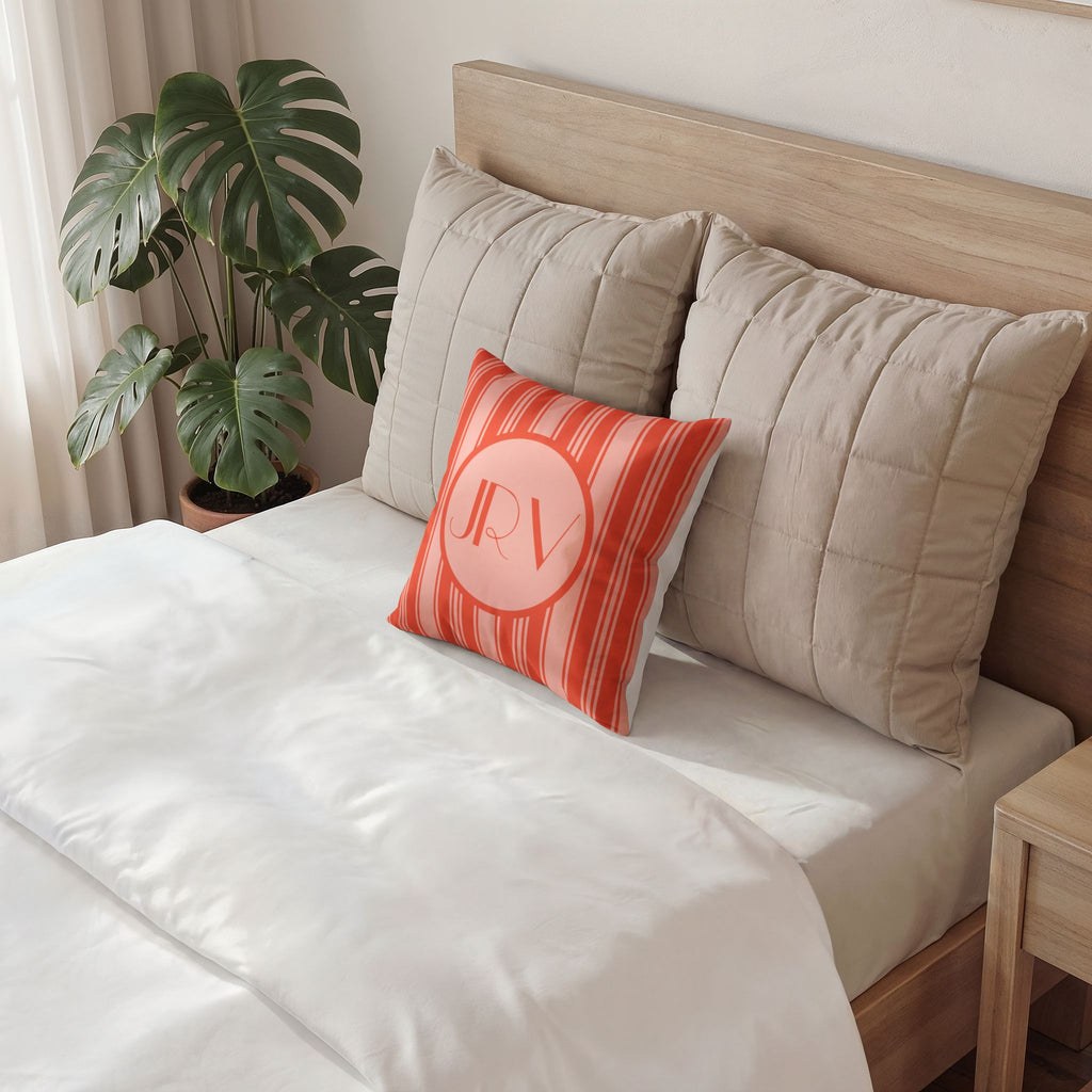 Retro Velvet Personalizable Pillow - Vermillion Orange Ticking Stripe Monogram Pillow