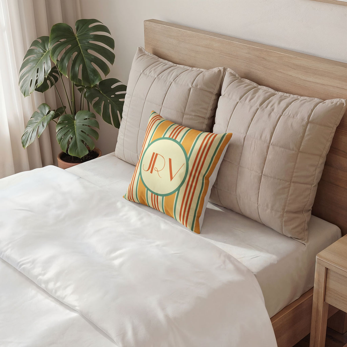 Monogram Velvet Pillow - Customizable Orange and Mint Ticking Stripe Throw Pillow