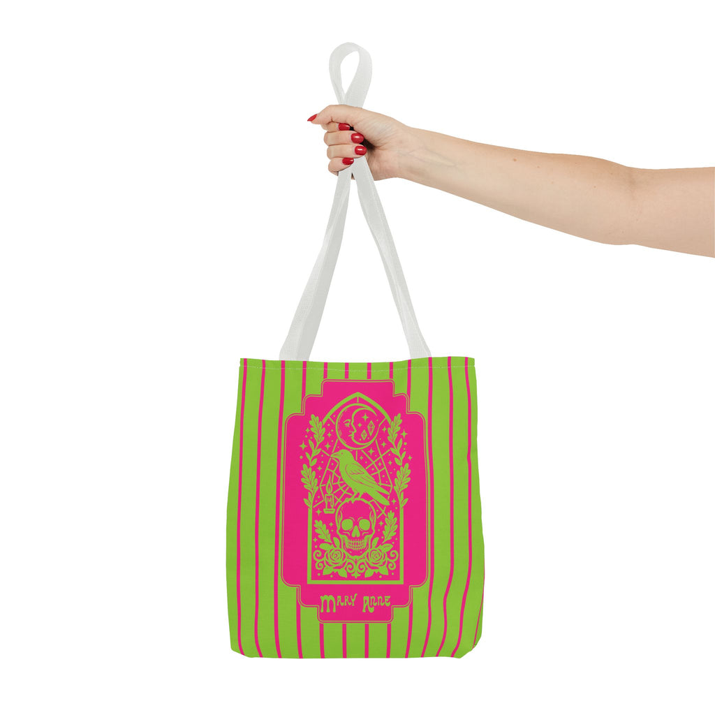 Neon Gothic Raven and Skull Tote Bag - Personalizable Pink and Green Retro Goth Carryall
