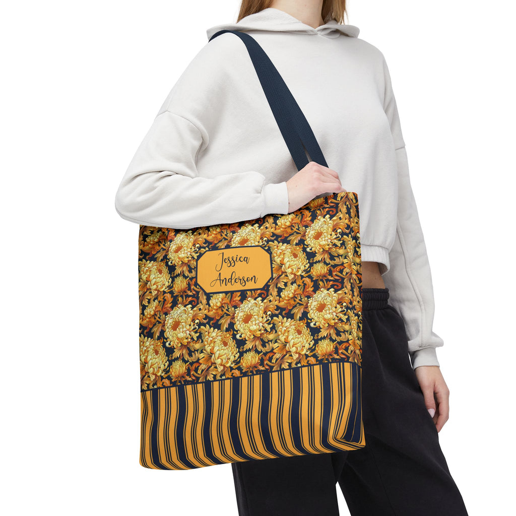 Personalizable Floral Harvest Tote Bag — Vintage Chrysanthemum Striped Tote