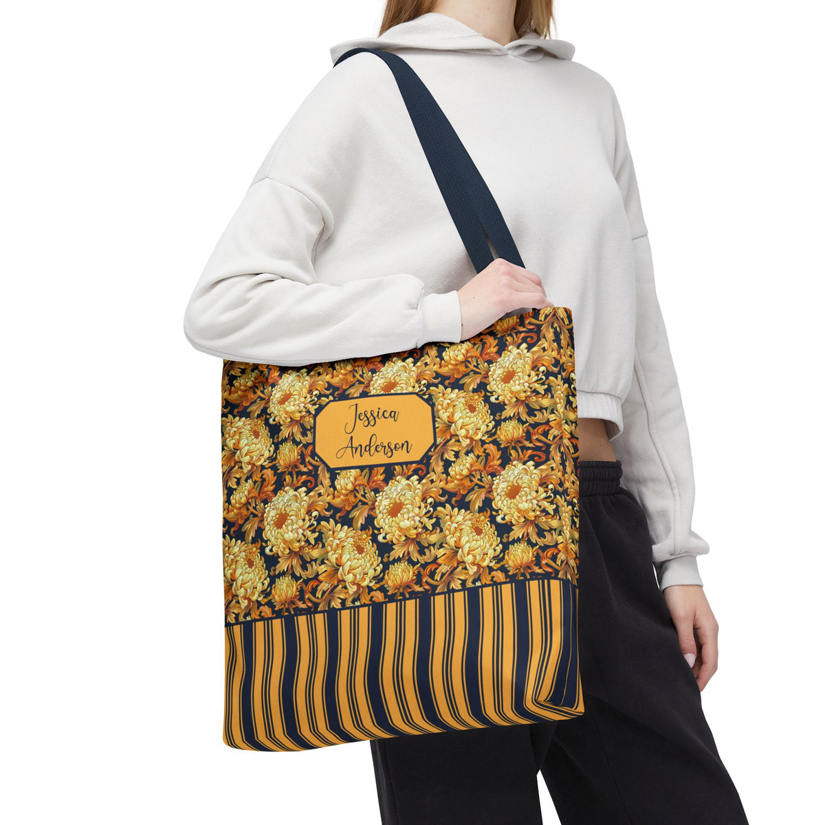 Personalizable Floral Harvest Tote Bag — Vintage Chrysanthemum Striped Tote