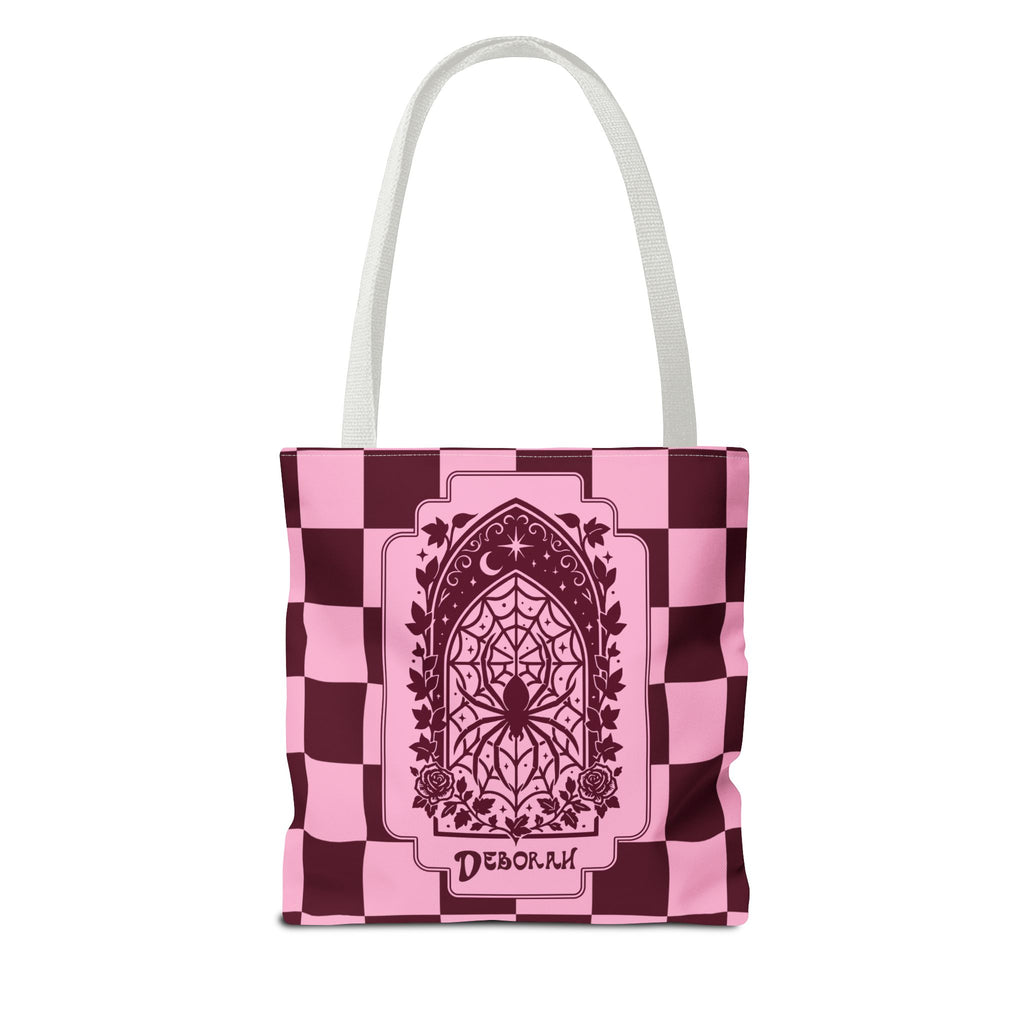 Personalizable Pink and Burgundy Retro Goth Tote with Mystic Spider Stained Glass Design