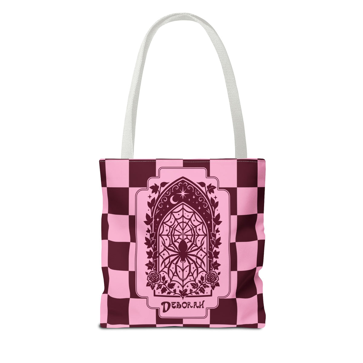 Personalizable Pink and Burgundy Retro Goth Tote with Mystic Spider Stained Glass Design