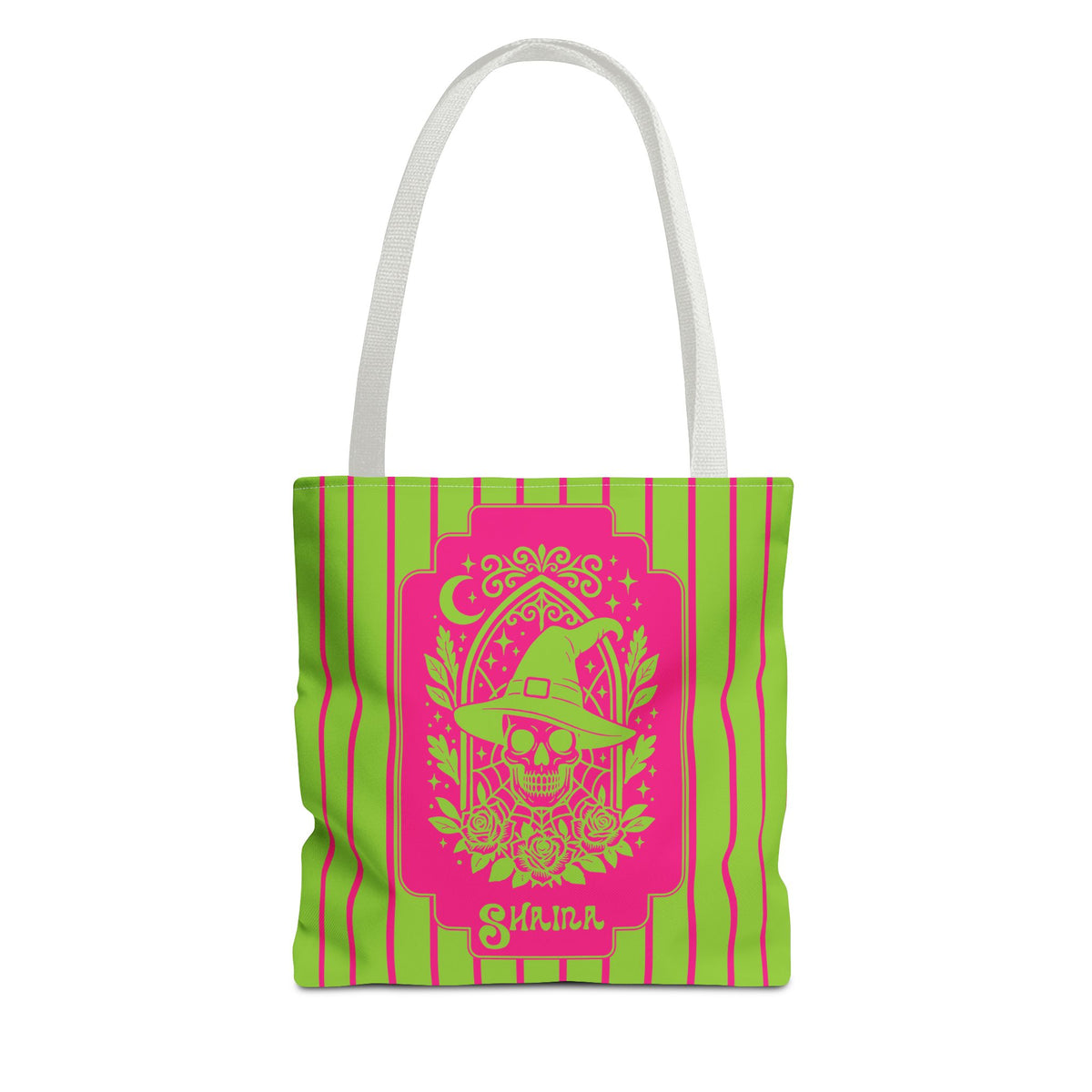 Retro Goth Skull Witch Tote Bag — Neon Pink and Lime Striped Tote