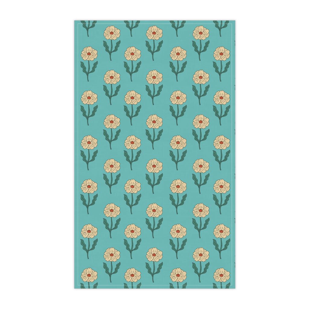 Retro Floral Tea Towel - Hand Drawn Daisies on Teal Kitchen Towel