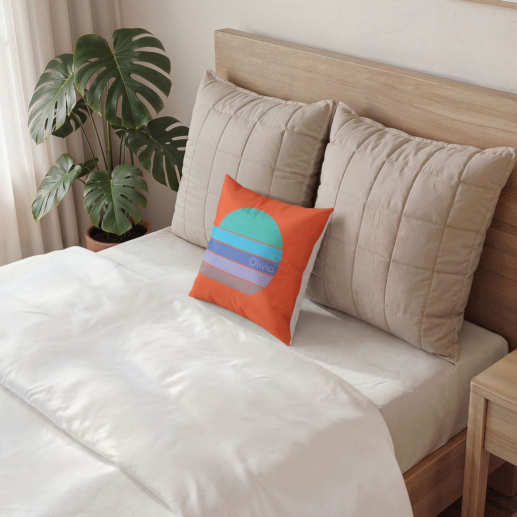 Retro Minimalist Orange Throw Pillow - Blue and Purple Sunrise on Vermilion Velvet Pillow