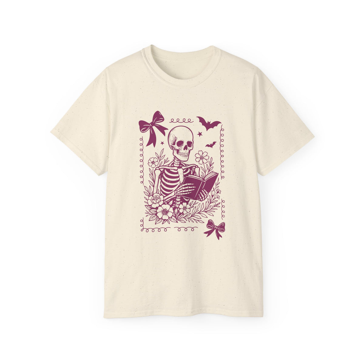 Skeleton Reading Coquette Frame Tee – Floral Skull Book Lover T-Shirt