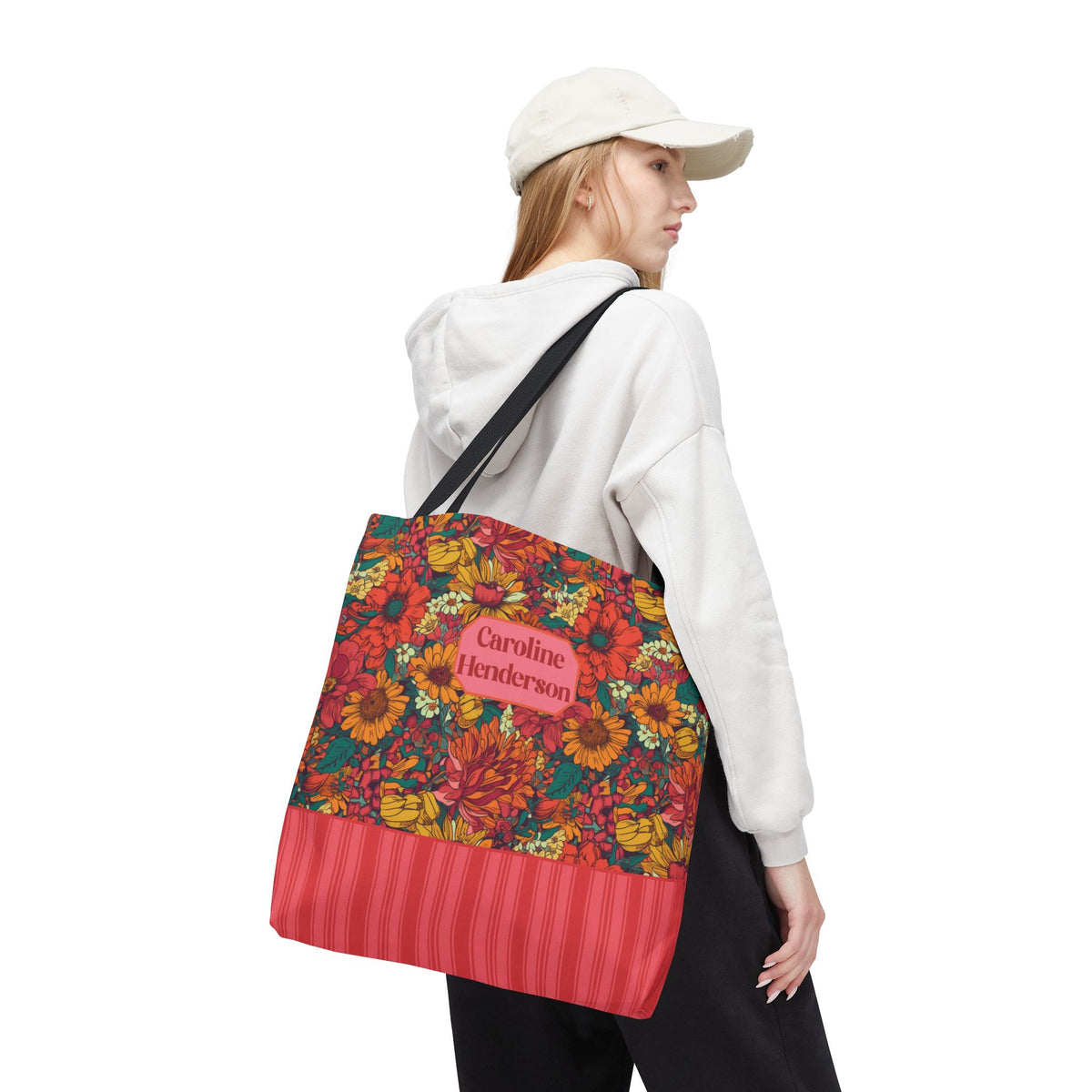 Personalizable Floral Tote - Floral Striped Harvest Tote Bag
