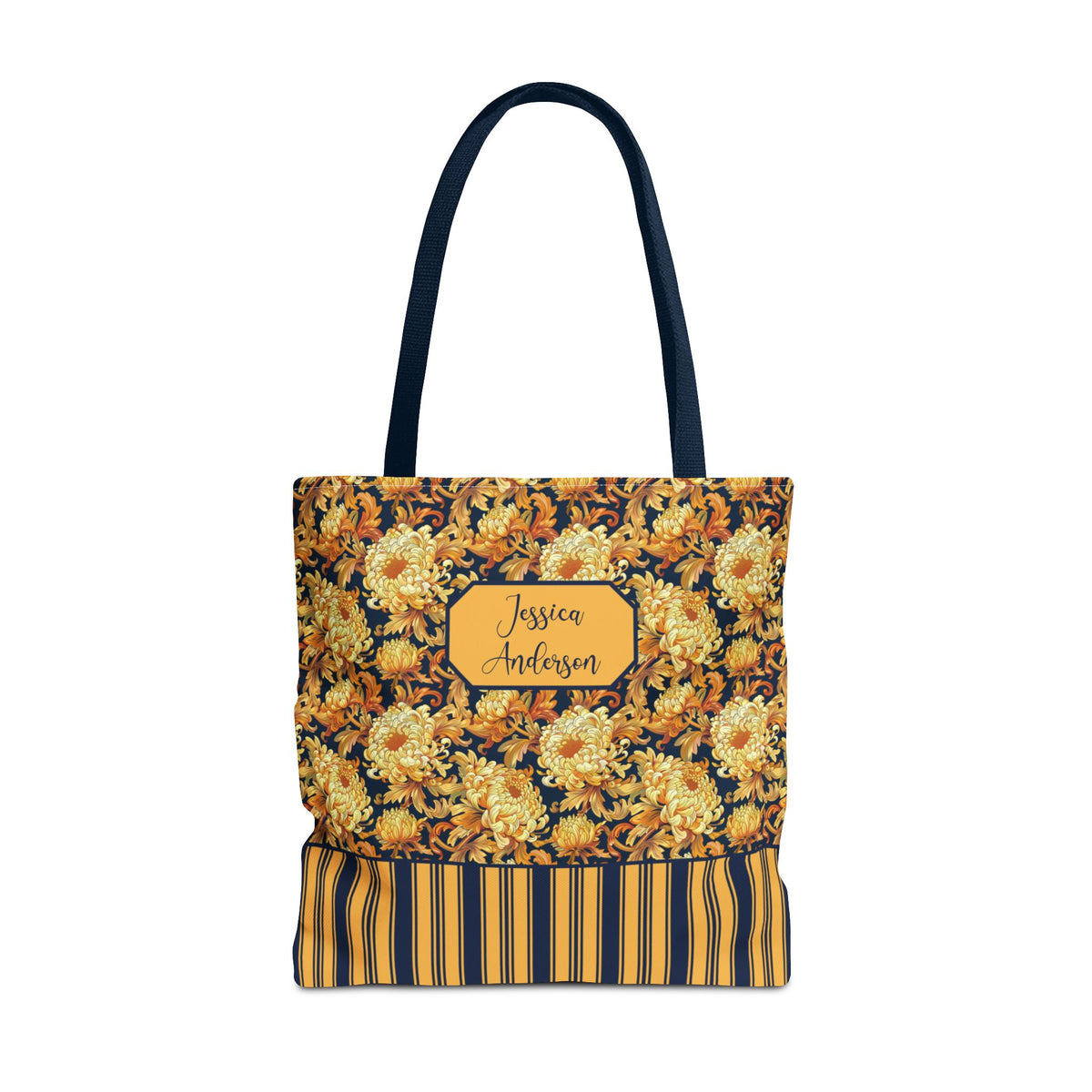Personalizable Floral Harvest Tote Bag — Vintage Chrysanthemum Striped Tote