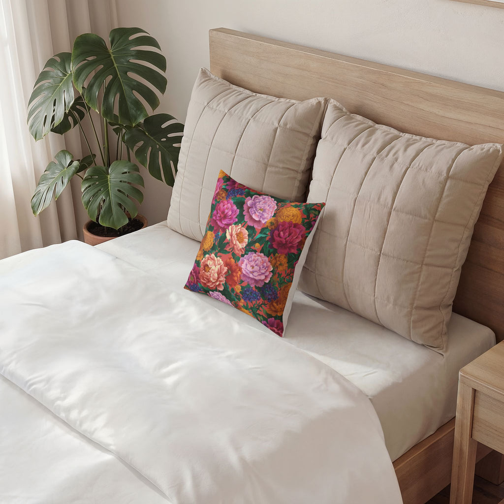 Floral Velvet Pillow - Vibrant Peony Garden Throw Pillow