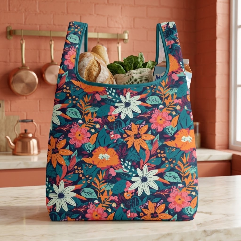 A reusable tote bag with a colorful floral print sits on a kitchen counter, filled with bread and greens. The bag features a dark teal background with orange, pink, white, and green flowers.