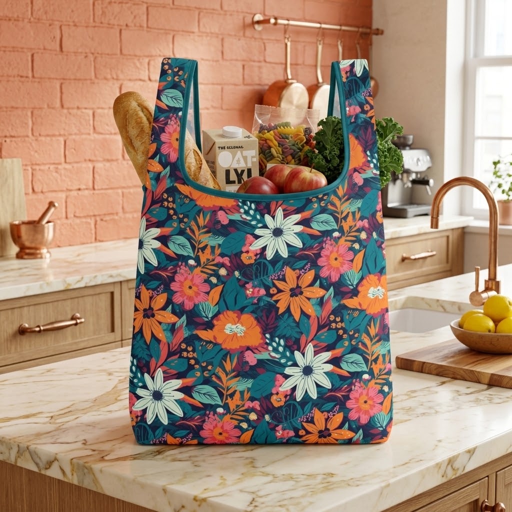 A reusable tote bag with a colorful floral print sits on a kitchen counter, filled with groceries like bread, apples, and greens. The kitchen has a terracotta brick wall, light wood cabinets, and a marble countertop.