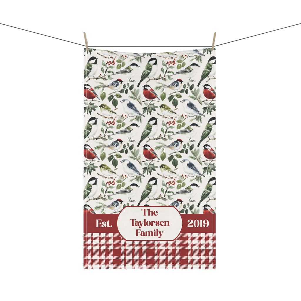 Personalized Country Kitchen Tea Towel - Robin and Berry Patterned Plaid Towel