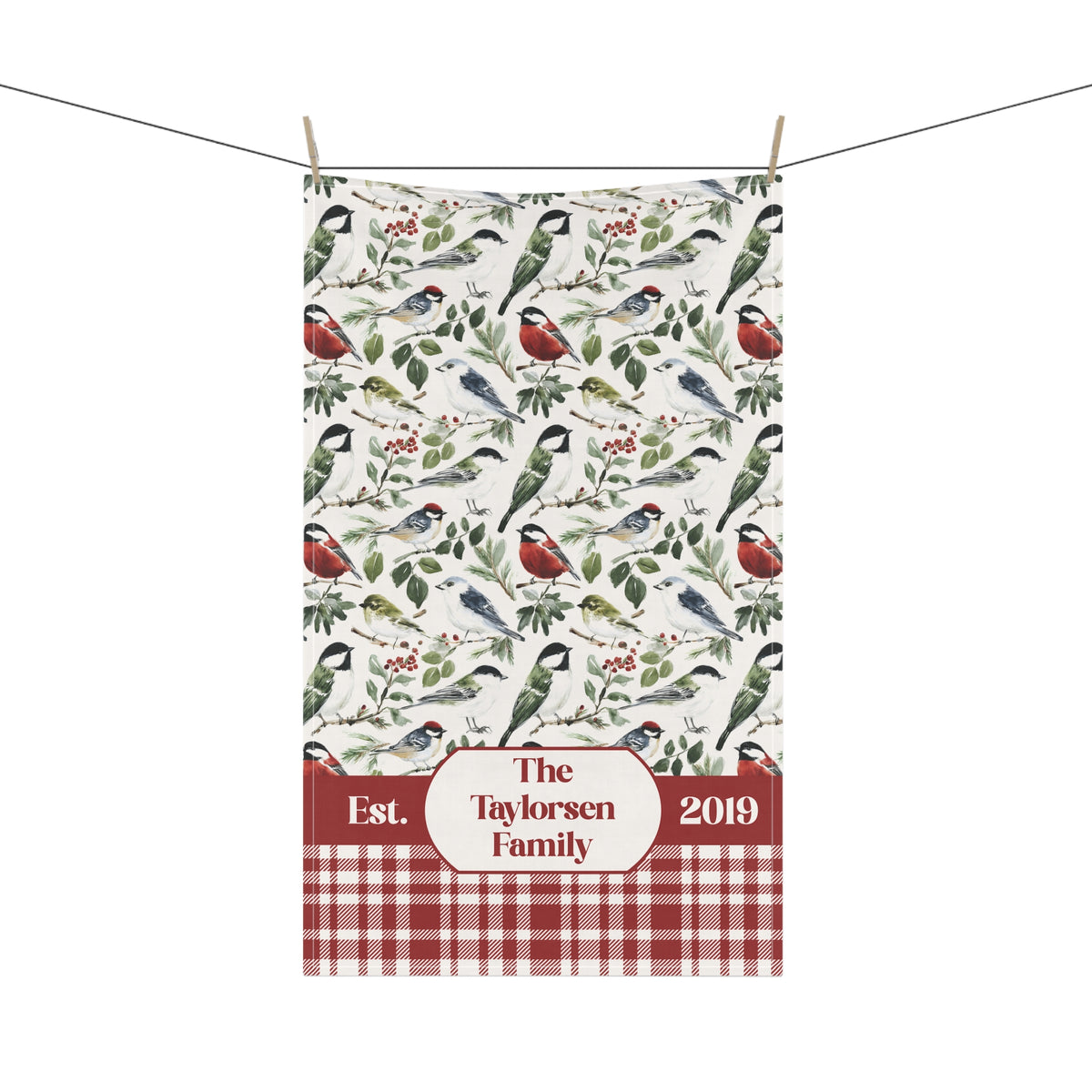 Personalized Country Kitchen Tea Towel - Robin and Berry Patterned Plaid Towel