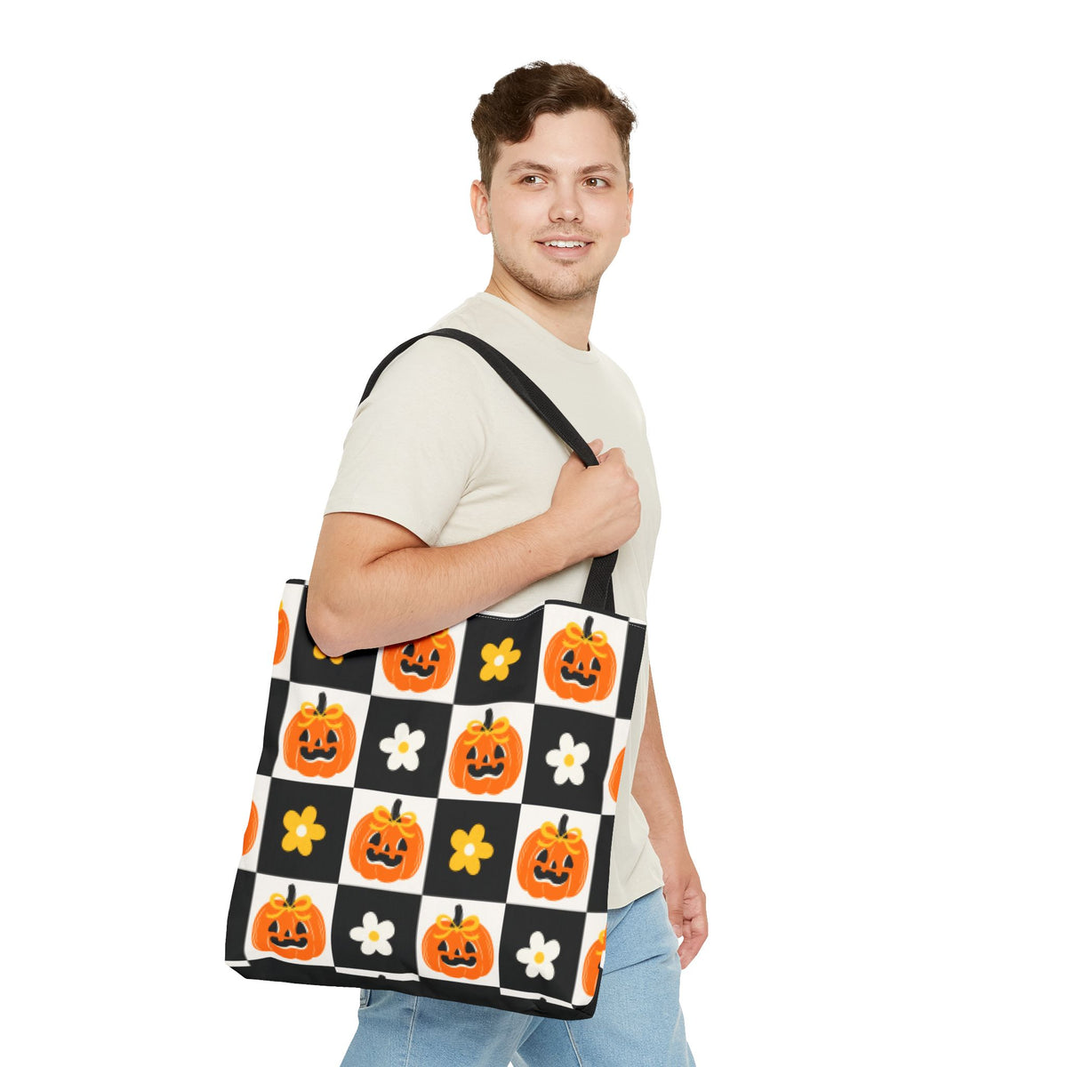 Coquette Pumpkin and Daisy Checkerboard Tote Bag - Cute Jack O Lantern Carryall