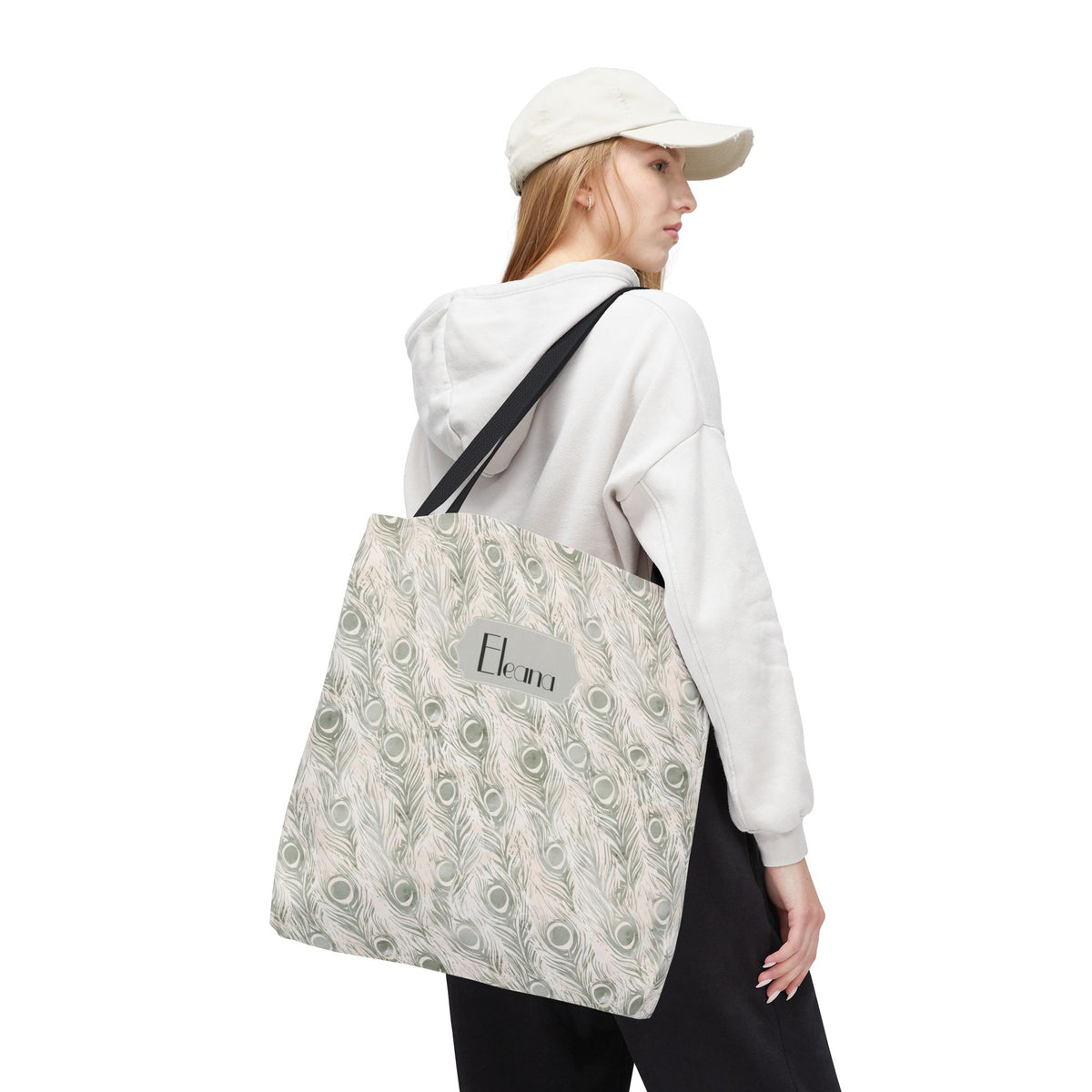 Personalizable Tote - Elegant Grey Peacock Feather Pattern Bag