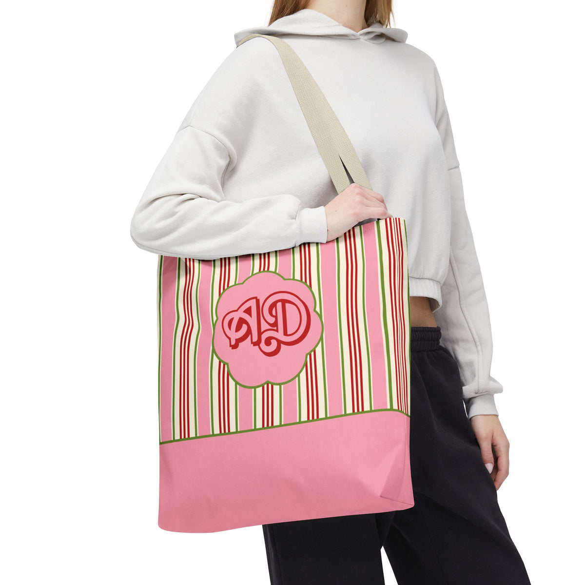 Customizable Striped Pink Tote Bag – Vintage Strawberry Stripe Monogram Tote Bag