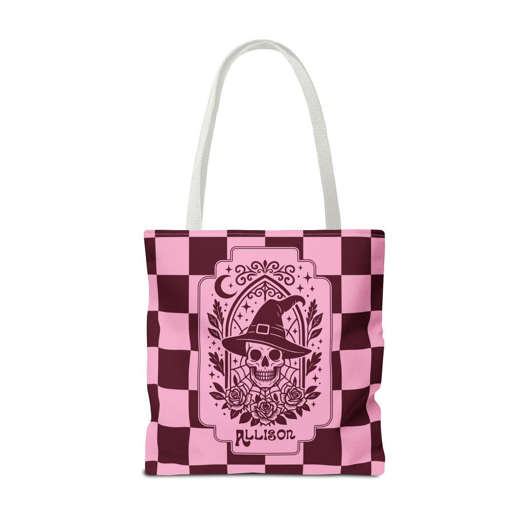 Pink Spooky Checkerboard Carryall - Gothic Witch Skull Personalizable Tote