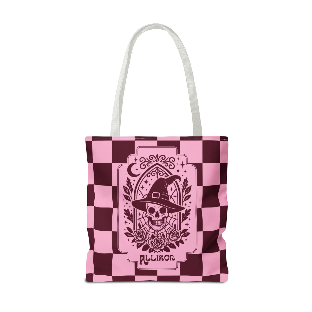 Pink Spooky Checkerboard Carryall - Gothic Witch Skull Personalizable Tote